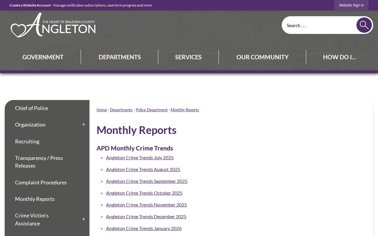 Angleton monthly police reports archive