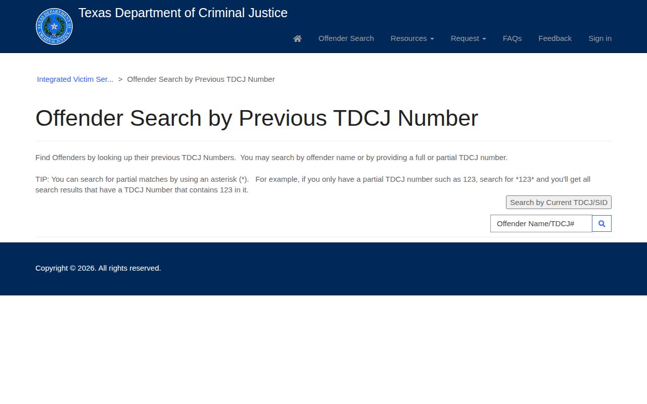 Texas Department of Criminal Justice offender search interface