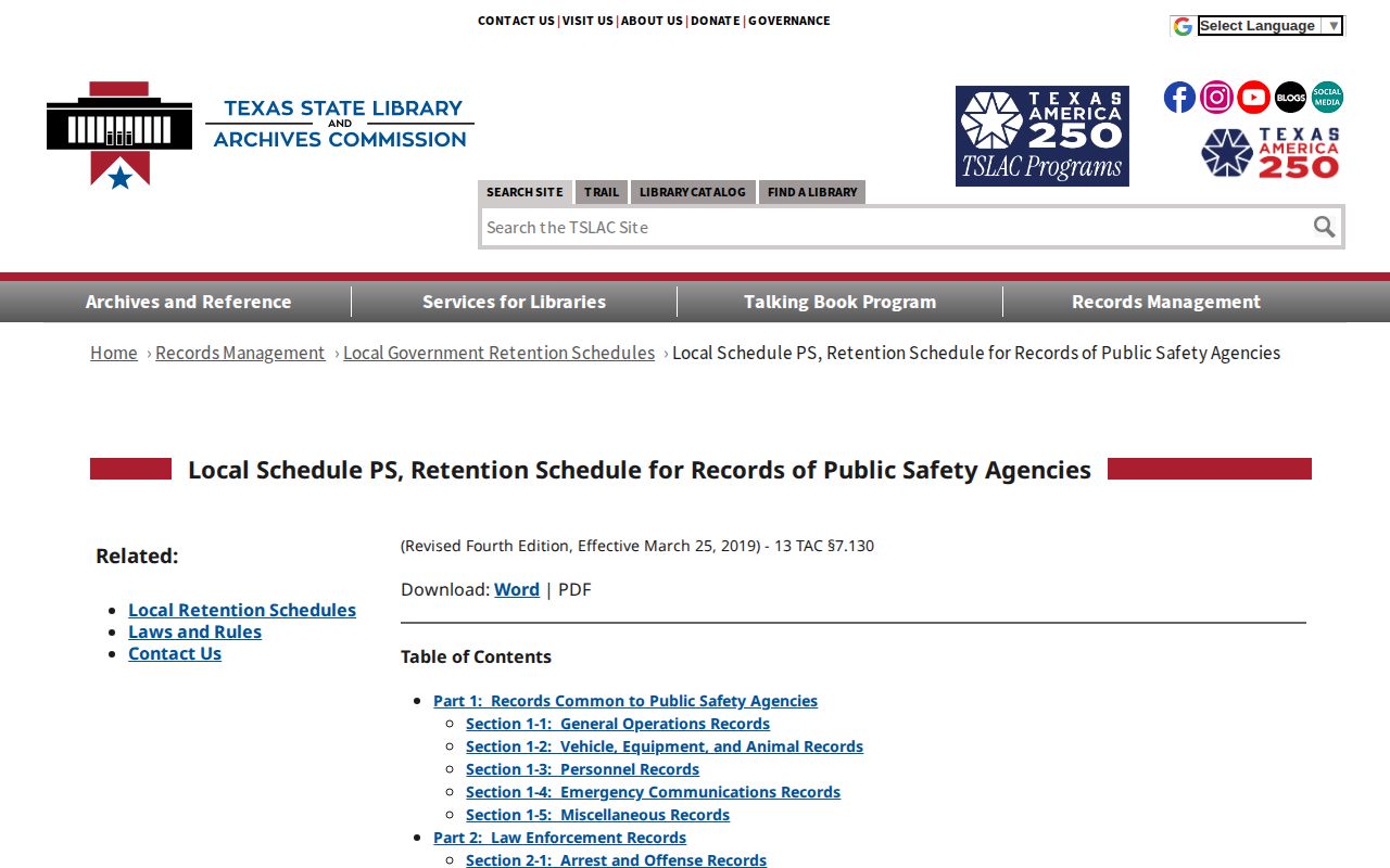 Texas State Library and Archives Commission Local Schedule PS records retention page
